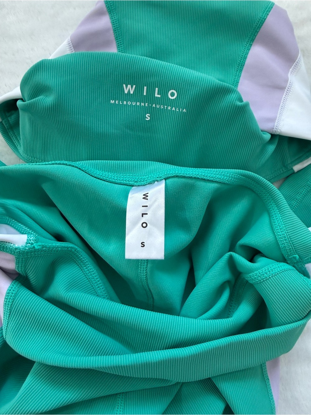WILO Matching Activewear Set Green Ribbed Leggings & Sports Bra Colorblock S - Picture 6 of 8